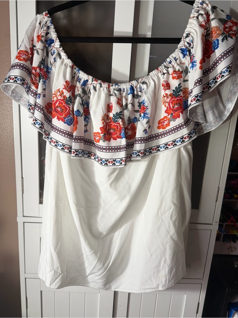 SHEIN White Off-Shoulder Tunic with Red & Blue Floral Ruffle
